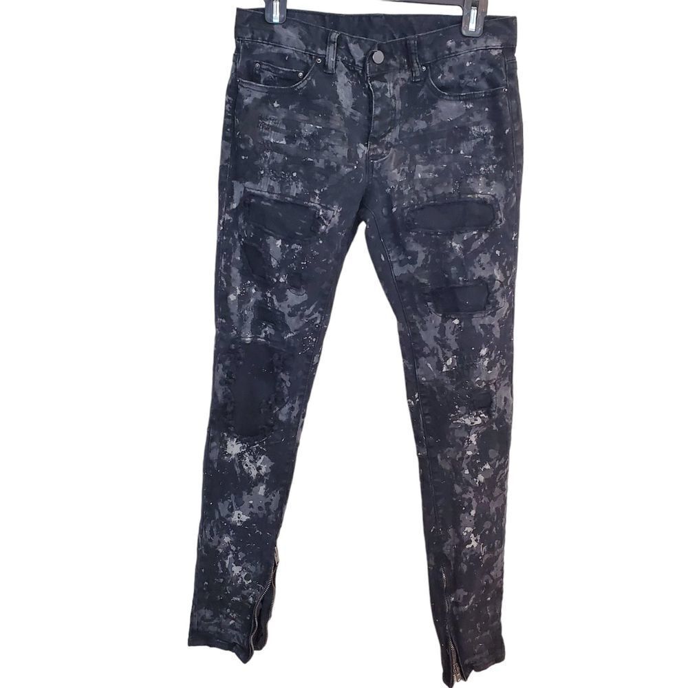 MNML Mens Black Denim Distressed Bleached‎ Ankle Zip Pants sz 30x33 stretch punk